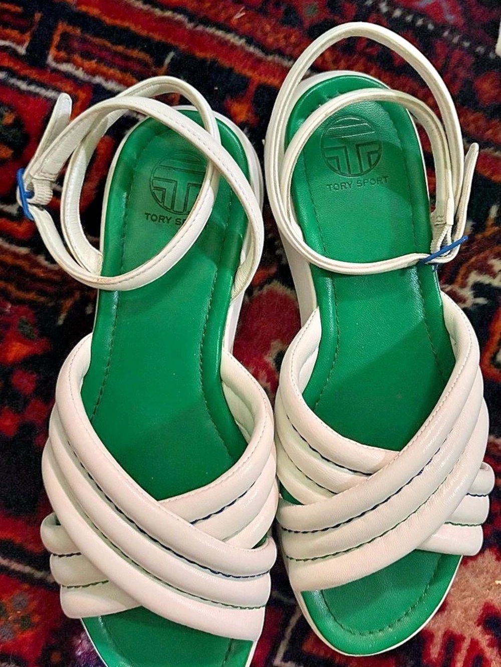 Tory Sport Strappy Sandals in White & Green